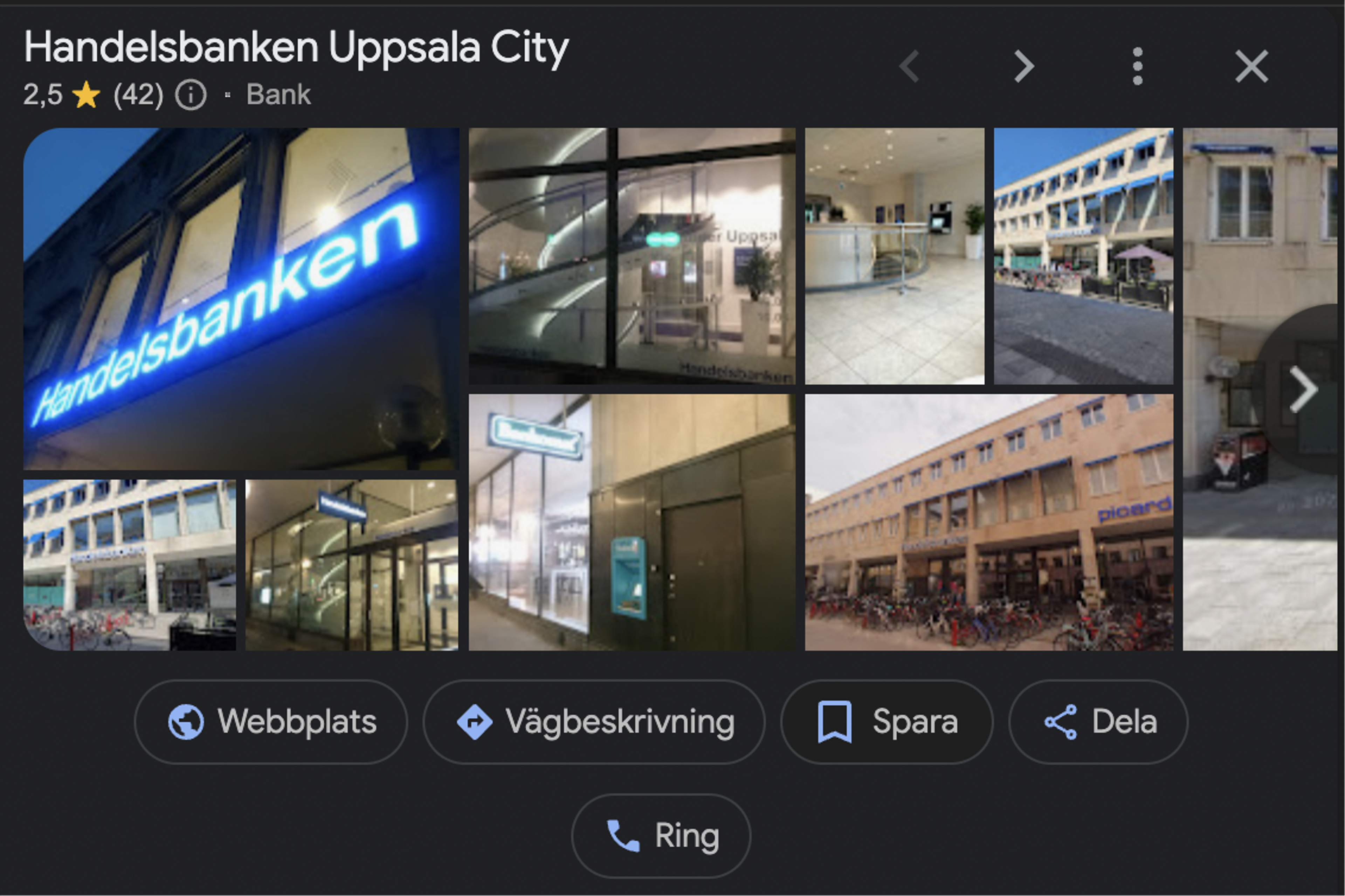 Hur en företagsprofil kan se ut på Google, i figuren används Handelsbanken som exempel.